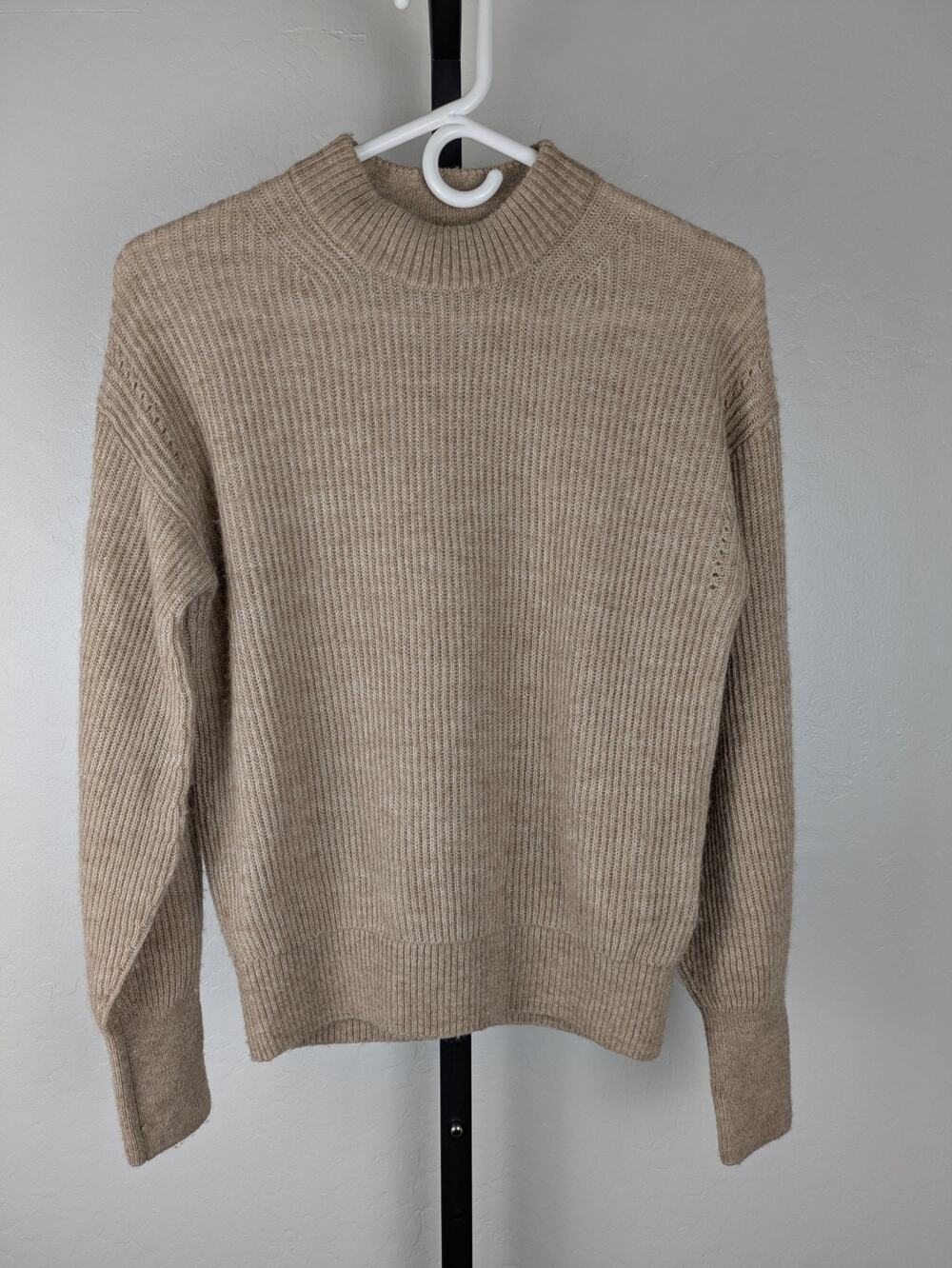Quince tan Merino Wool Alpaca Blend Pullover Sweater pointelle detail